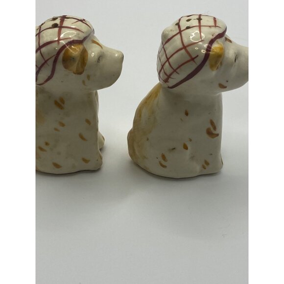 Vintage Ceramic Dog Salt & Pepper Shakers With Plaid Caps occupied Japan - Picture 11 of 13